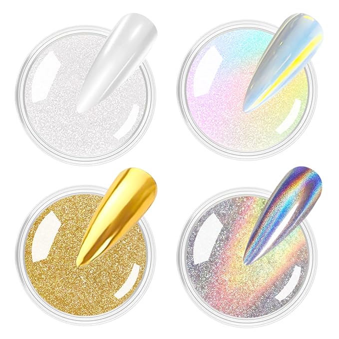 Gold Chrome Nail Powder - Sparkly Laser Holographic Nail Powder Metallic Mirror Effect Aurora Nail Chrome POwder, White Pearl Pigment Holo Iridescent Glitter Dust Kit, Nail Art Decoration
