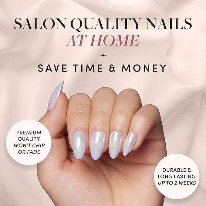 Glamnetic Press On Nails - Entranced | Short Almond White Holographic Fake Nails, Semi-Transparent, Salon Quality| 15 Sizes - 30 Nail Kit with Glue