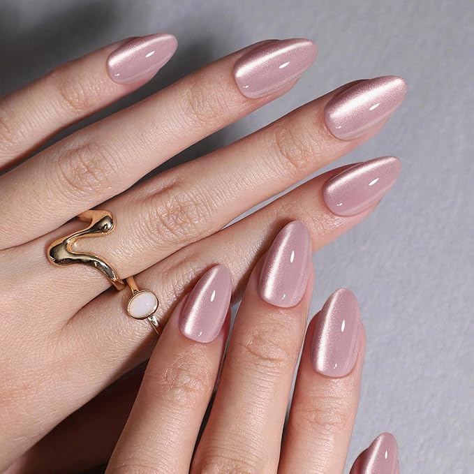 Pink Cat Eye Press on Nails Short - Soft Gel Press on Nails Almond for Women Gift, Fit Perfectly & Natural Glue on Nails in 16 Sizes - 32 Reusable Fake Nails with Glue, Beige Pink