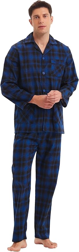 GLOBAL Men's Pajamas Sets 100% Cotton Flannel Sleepwear Long-Sleeve top & Bottom