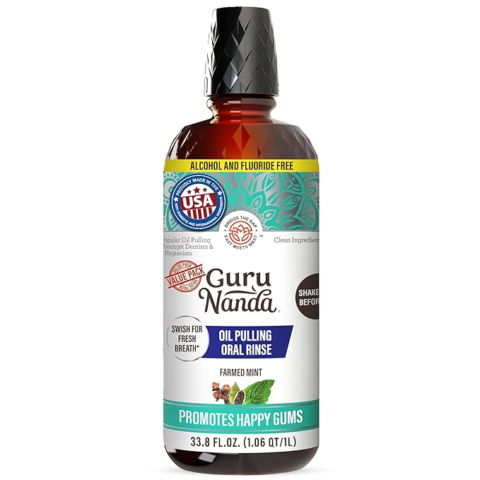 GuruNanda CocoMint Oil Pulling Mouthwash for Complete Oral Hygiene, 7 Essential Oils & Vitamins for Happy Teeth & Gums & Fresh Breath, Alcohol-Free, 33.8 Fl Oz/1L