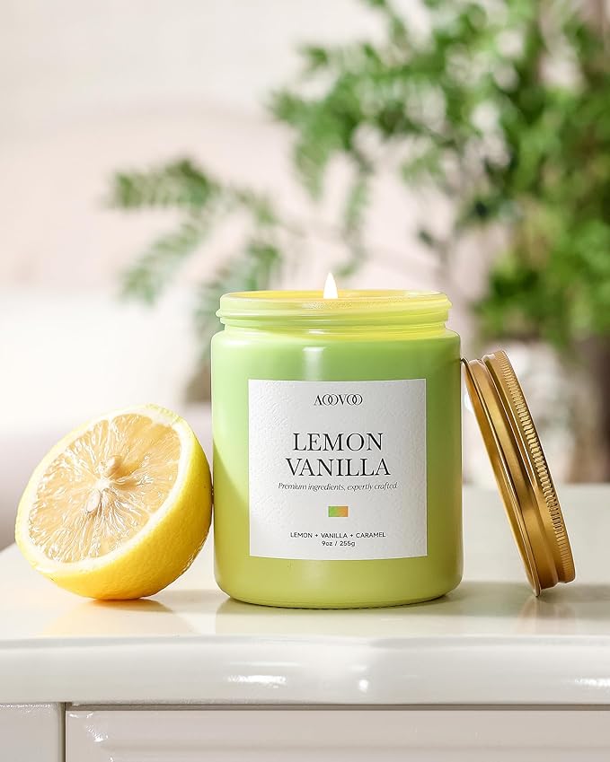 AOOVOO Lemon Vanilla Candles - Scented Candle Gift for Women, 9oz Soy Candle, 50 Hours Burn, Jar Candle for Home Scented, Relaxing, Stress Relief Candles