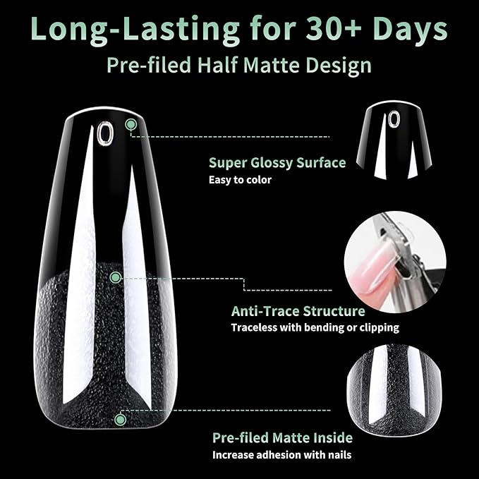 Long Coffin Nail Tips, 216pcs Acrylic Ballerina Fake Nails Soft Gel Nail Tips, Full Cover Pre-Shaped Matte Clear Press on Nails for Extension, Diy at Home Manicure 12 Sizes