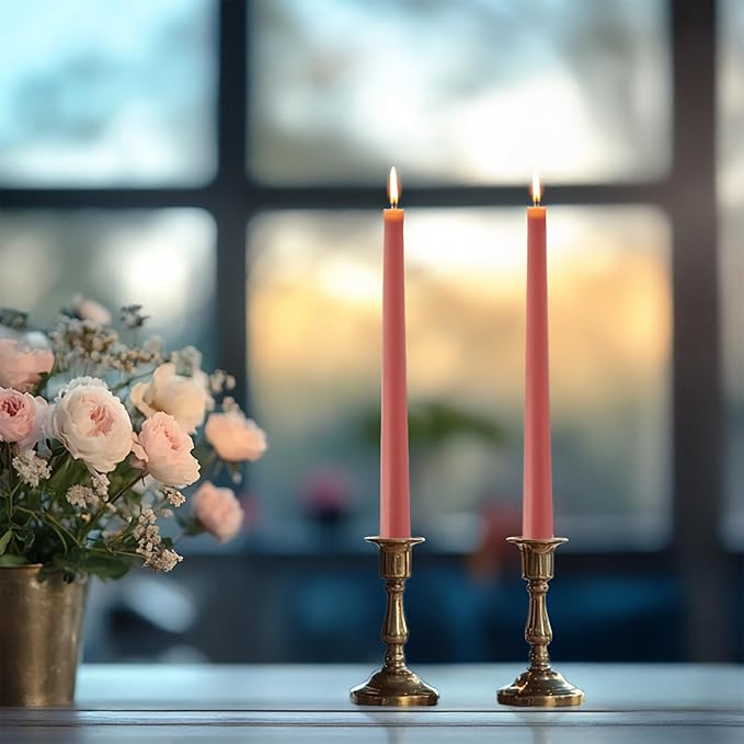 6 PK 10" Classic Taper Candles, Old Rose Pink, 7-8 Hours Long Burning, Unscented Tall Candlesticks