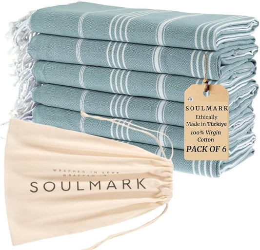 SOULMARK 100% Cotton Turkish Beach Towel with Bag - 38"x71" - 6 Pack - Made in Green & Oeko TEX Certified - Pre-Washed & Sand Free - Quick Dry and Lightweight for Travel - Made in Turkey - Sage Green