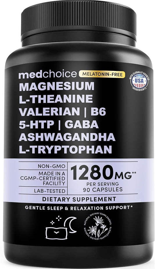 12-in-1 Sleep Support Capsules - Melatonin-Free and Non-Habit Forming Sleep Supplement with a Balanced Blend of Magnesium, Ashwagandha, L-Tryptophan, Valerian Root, GABA and 5-HTP (90 Capsules)