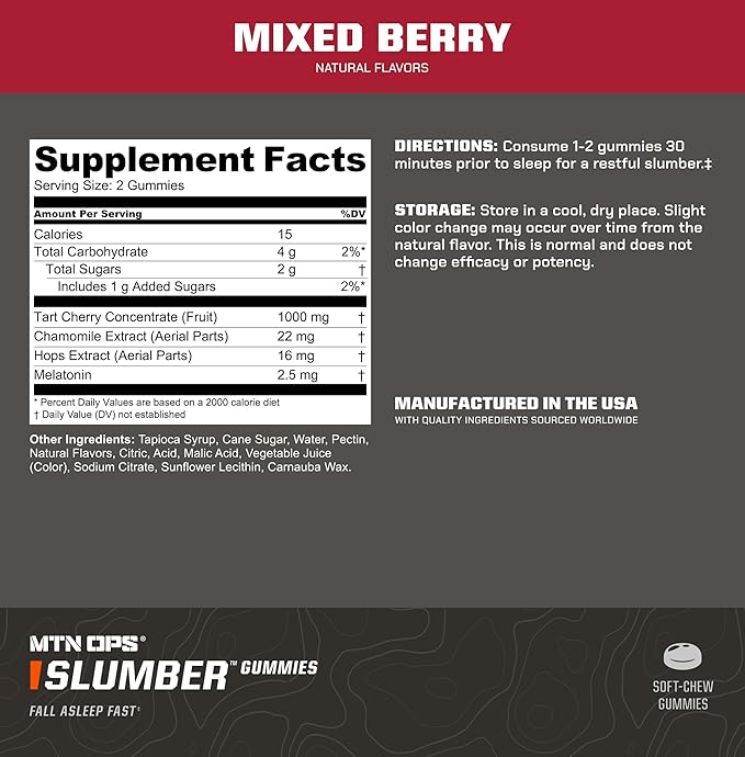 MTN OPS Slumber Sleep Gummies – 60 Servings, Tart Cherry 1000mg, Melatonin 2.5mg, Chamomile, Natural Flavors, Made in USA, Mixed Berry, Nighttime Sleep Aid