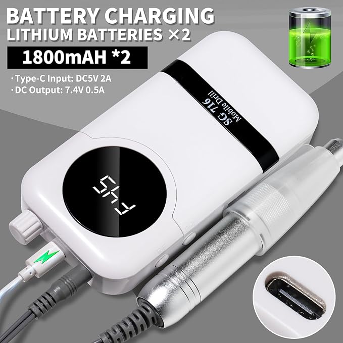 LIMEGIRL Professional Electric Nail Drill Kit 45000RPM Portable Cordless Toenail Cordless Toenail Machine with 14 Drill Bits and Base for Women (White)