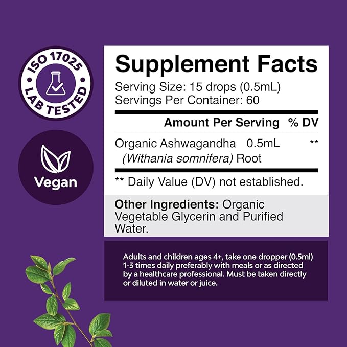 USDA Organic Ashwagandha Liquid Drops - Ashwagandha Root Extract for Stress and Mood Support - Delicious Pure Adaptogen Drops for Adults - Alcohol-Free Herbal Tinctures for Rest - 30 ml Bottle
