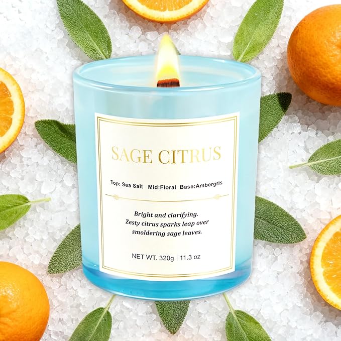 2 Pack Candles for Home Scented,Wood Wick Sage Citrus Scented Candle,22.6 oz 150 Hour Long Burning Lasting, Natural Soy Wax Candles Gifts Set,for Christmas Day
