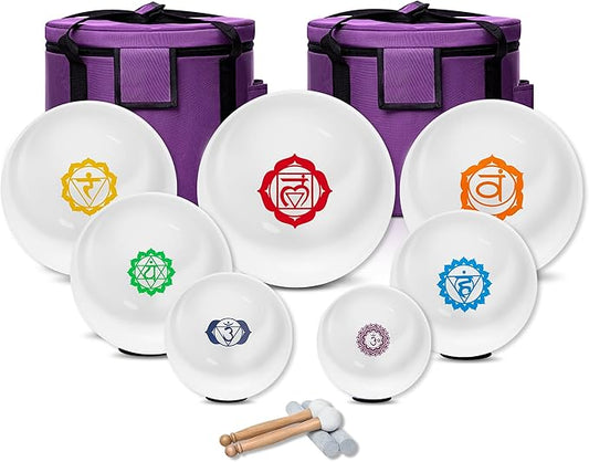 6-12inch Chakra Symbol Design 432hz Quartz Crystal Singing Bowls Set of 7, for Healing Mindfulness Meditation Yoga Sound Baths with Case Mallet Suede Striker