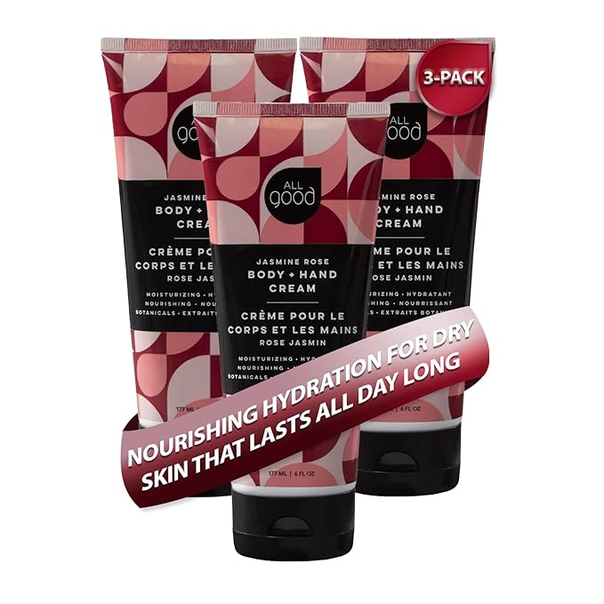 All Good Hand & Body Lotion - Moisturizing Organic Lotion for Dry Skin - Jasmine Oil, Cocoa Butter, Rosehip Oil, Arnica, Vitamin E - Non-Greasy Body Butter, 6 fl oz (3-pack, Jasmine Rose)