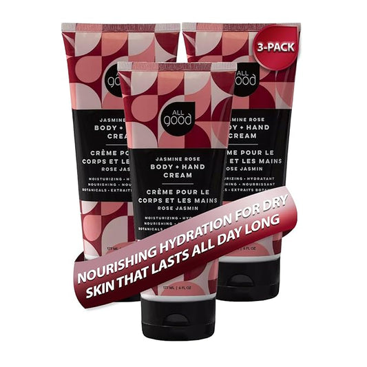 All Good Hand & Body Lotion - Moisturizing Organic Lotion for Dry Skin - Jasmine Oil, Cocoa Butter, Rosehip Oil, Arnica, Vitamin E - Non-Greasy Body Butter, 6 fl oz (3-pack, Jasmine Rose)