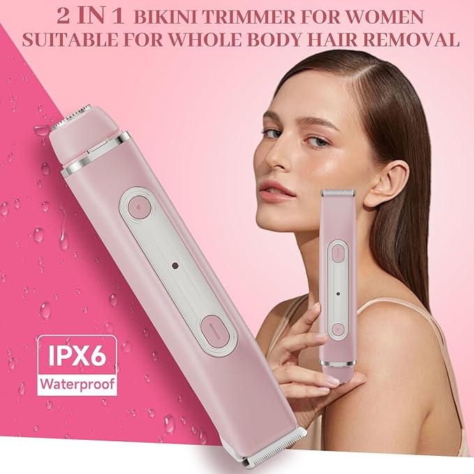 Bikini Trimmer for Women - 2 in 1 Women Electric Shaver,Cordless Body Razor for Trip,Replaceable Lady Facial Razor, IPX6 Waterproof&Easy Cleaning, Ceramic Blade, USB Charge 706 Pink