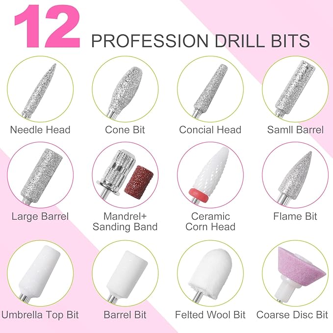 MEKK Nail Drill Kit,35000RPM Electric Nail Drill Professional Electric Nail File with 12PCS Bits,Anti-Shaking Cordless E Filer for Nails,Home & Salon(Pink-Green)