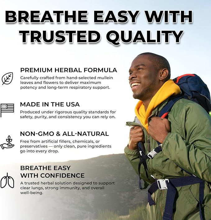 Inhale Mullein Drops – Lung Cleanse & Respiratory Support – Herbal Mullein Leaf Extract for Detox, Immune Health, Mucus Relief & Clear Breathing – Natural Supplement for Throat – Made in USA – 4oz