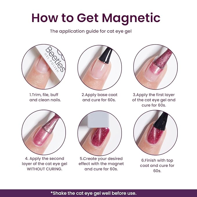 Beetles Cat Eye Gel Nail Polish Set, 6 Colors Brown Purple Glitter Nude Sparkle Stunning Champagne Burgundy Gold lavender Magnetic Effect Nail U v Gel Polish Art Design Gifts for Women