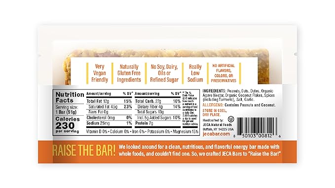 JECA® Coconut Curry Energy Bars - Plant-Based Snack with Coconut Flakes, Oats, Peanuts, & Organic Agave Nectar - Vegan, Gluten-Free, Non-GMO - Natural Ingredients - Chewy Texture - 1.8 oz, 12-Pack