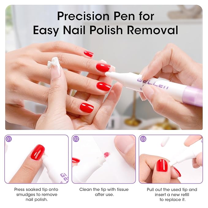 Gellen Nail Polish Remover Kit with Corrector Pen, 9.47fl oz Non-Acetone Nourishing Formula Unscented Nail Polish Remover, Soft Aloe & Vitamin E Infusion, Perfect for Home DIY or Salon Use