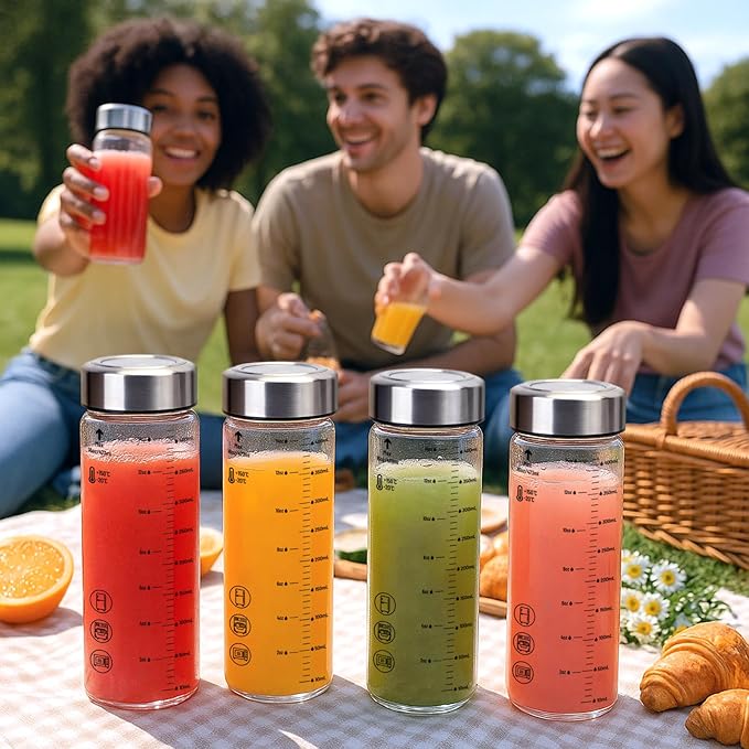 12oz Glass Water Bottles with Lids, 4 Pack Reusable Wide Mouth Juice Bottles with Stainless Steel Caps, Leakproof Borosilicate Glass for Juicing, Smoothies & Storage, BPA-Free,Dishwasher Safe