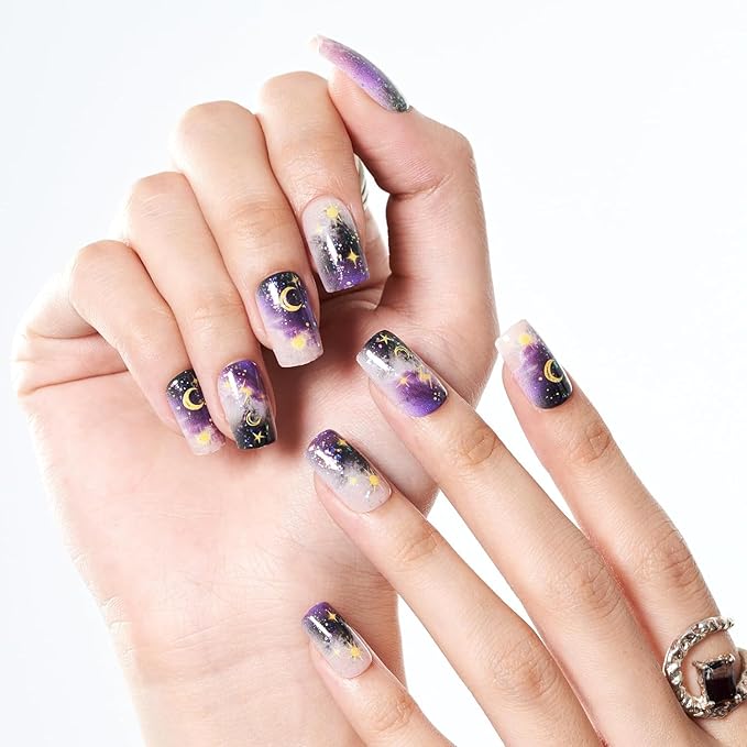 GLAMERMAID Deep Purple Ombre Press on Nails Medium Square, Gothic Moon Glitter Gel False Nals, Gothic Moon Glitter Glue on Nails Kit for Women, Reusable Stick on Acrylic Fake Nails Manicure Set