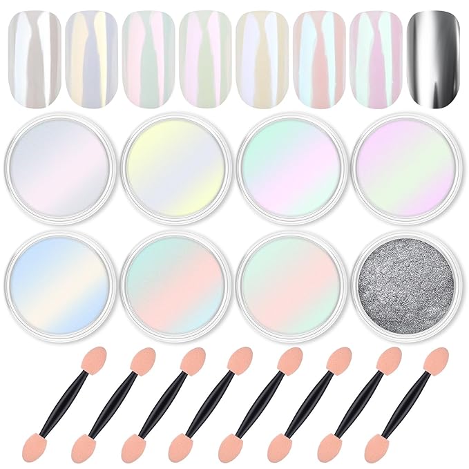 Artdone 8 Jars Chrome Nail Powder Magic White Pearl Kit Mirror Effect Silver Metallic Holographic Dip Nail Powder Decoration Iridescent Aurora Mermaid Pigment
