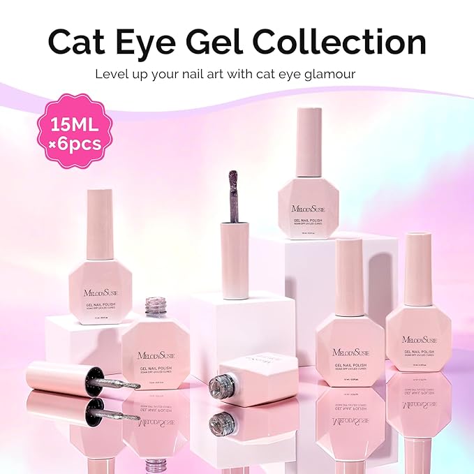 MelodySusie 9D Chameleon Cat Eye Gel Nail Polish Set 6 PCS, 15ml 0.5 Fl Oz Red Rosy Pink Glitter Holographic Magnetic Nail Polish with Magnet, UV Nail Polish for Nail Art Manicure Salon DIY at Home
