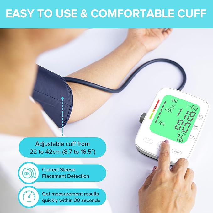 Blood Pressure Monitor for Home Use, Automatic Upper Arm Blood Pressure Machine with Large LCD Display, Adjustable Cuff (9 to 17 inches), 2 x 99 Memory Sets, Easy to use/Travel