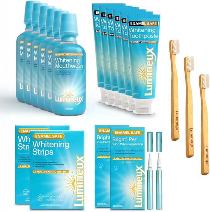 Lumineux Longevity Whitening Kit Bundle - Contains 6X Toothpastes, 6X Mouthwashes, 2X Strips and 2X Whitening Pens - Enamel Safe and Clinically Proven to Whiten Without The Sensitivity