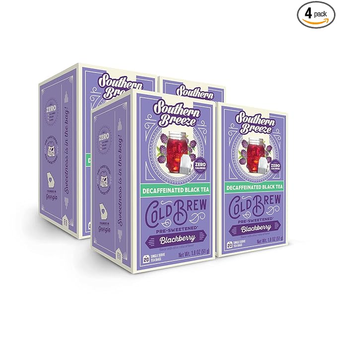 Southern Breeze Decaf Cold Brew Sweet Tea Blackberry Iced Tea with Black Tea and Zero Carbs Zero Sugar, 20 Individually Wrapped Tea Bags, Pack of 4