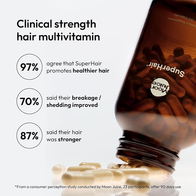 Moon Juice - SuperHair - Bottle (120 Capsules) - Hair Growth Vitamins - Multivitamins & Organic Ashwagandha - Reusable Glass Bottle - 3rd Party Tested - 100% Traceable - Vegan, Gluten Free, Non GMO