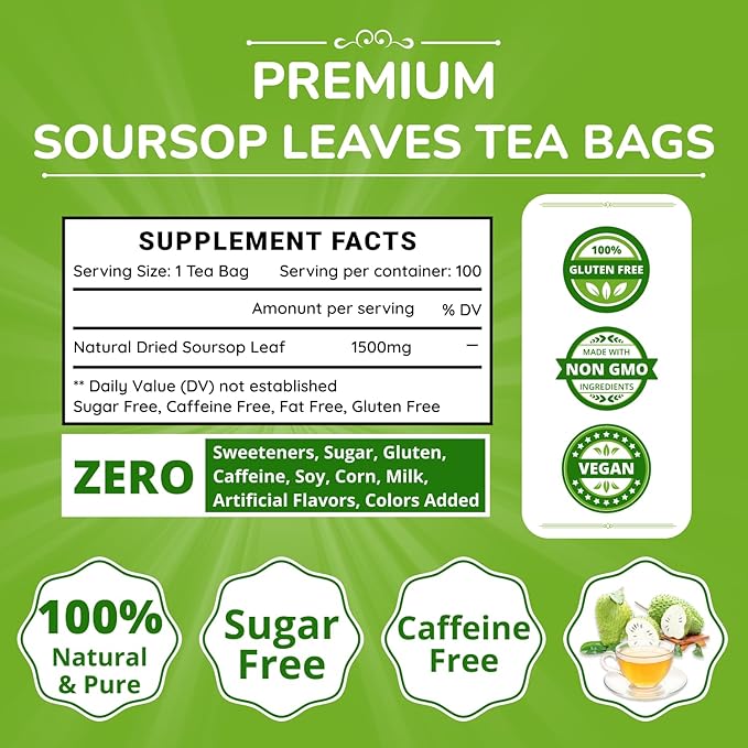 VIDA FARM 100 Soursop Tea Bags, 100% Natural Pure Soursop Graviola Leaves Tea Bags, Pleasant Taste, Natural Flavor, Caffeine Free, Guanabana Leaves Guyabano Tea