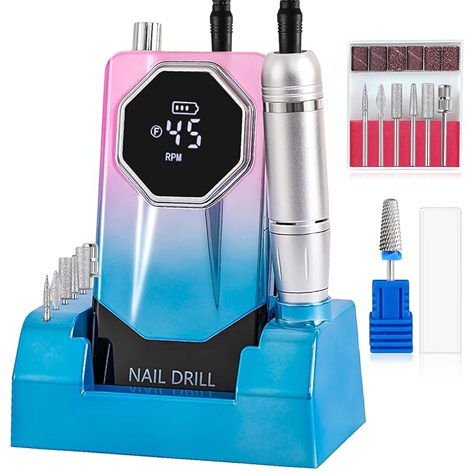 45000RPM Professional Cordless Portable Nail Drill Cordless Low Noise Nail Filer Electric Machine with Efile Bits & Base for Acrylic Nails, Nail Buffer Machine for Salon Home (Pink and Blue)