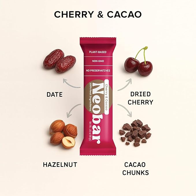 NEOBAR Fruit and Nut Bars - Plant-Based Vegan Snack Bars, Gluten Free Dairy Free Snacks, No Added Sugar, No Preservatives, Non-GMO | Cherry & Cacao,12 Count