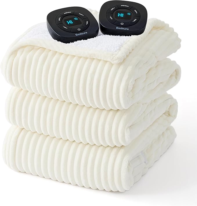 Bedsure GentleSoft Electric Blanket Queen Size - Soft Ribbed Flannel Heated Blanket with Dual Control, 10 Heat Settings, 10 Time Settings, 8 hrs Timer Auto Shut Off (84x90 inches, Coconut White)