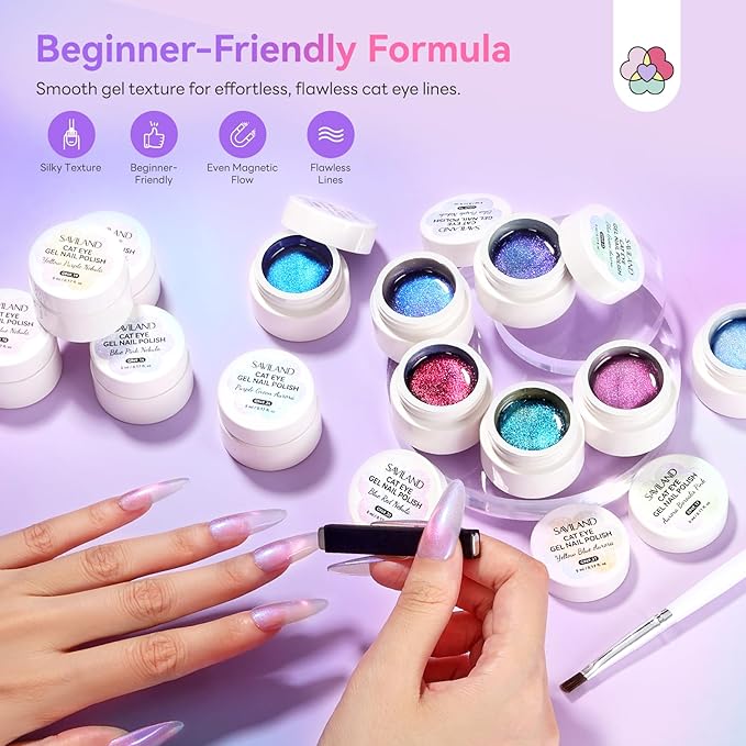 SAVILAND Cat Eye Gel Nail Polish Set: 2026 12 Colors 5ml Crystal Shiny Gloss Cateye Gel Polish Art Pen Aurora Borealis Pink Blue Magnetic Gel Polish Glitter Gel Nail Polish Gifts Home DIY