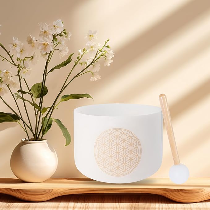 Singing Bowls 528hz C Note 8-Inch Flower Of Life Crystal Singing Bowl With A Free Mallet And O-Ring For Sound Healing, Meditation, Yoga, And Sound Baths