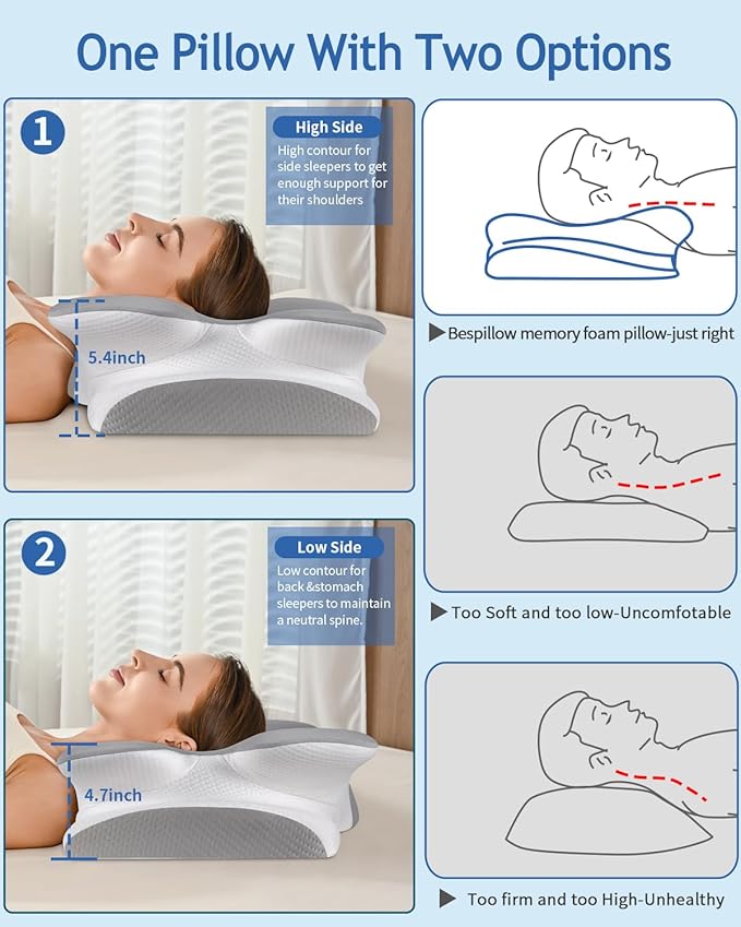 Cervical Neck Pillow for Neck Shoulder Pain Relief, Soft Contour Side Sleeper Pillow of 2 Heights, Odorless Q-max Cooling Memory Foam Orthopedic Bed Pillow for Back Stomach Sleeper