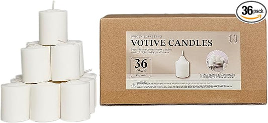CW Studio Unscented Pressing Votive Candles – Long Hours Burn, Smokeless & Dripless – Premium Wax with Cotton Wick – Perfect for Weddings, Events, Home & Romantic Décor (36, White, 1.77 x 1.45 inches)