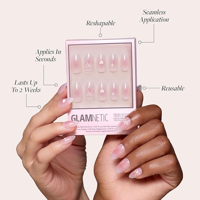 Glamnetic Press On Nails - Lovers Knot | Glossy, Semi-Transparent, Short Almond Nails, Salon Quality | 15 Sizes - 30 Nail Kit with Glue