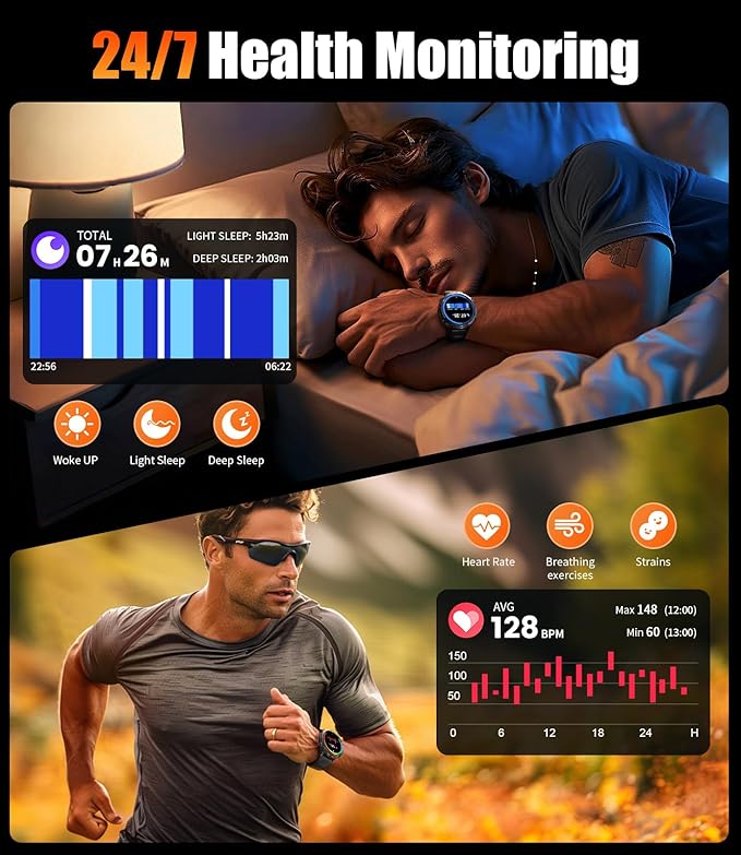 LIGE Smart Watches for Men with 900mAh Battery(60+Standby),1.73" AMOLED with Bluetooth Call,110+ Sports Mode Tactical Fitness Tracker/Heart Rate Sleep Health Monitor/Android iOS Military Smart Watch