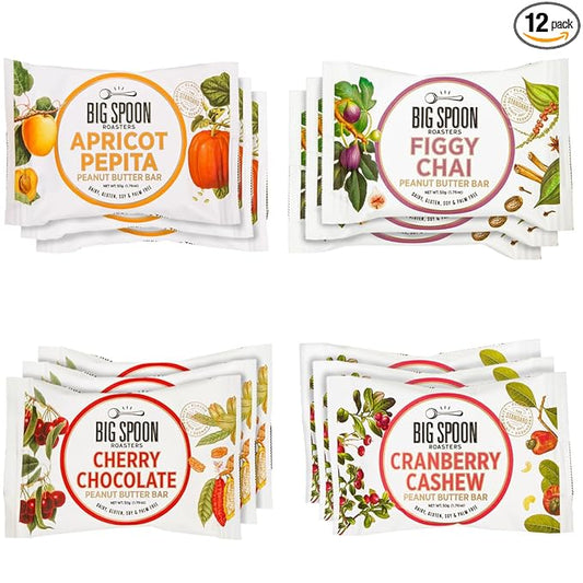 Big Spoon Roasters Nut Butter Bars Pack Cherry Pecan, Apricot Pepita, Cranberry Cashew & Figgy Chai High Protein Bars Variety Pack with Non GMO Pea Protein 12 Count (3 of Each Flavor) 1 Case Variety
