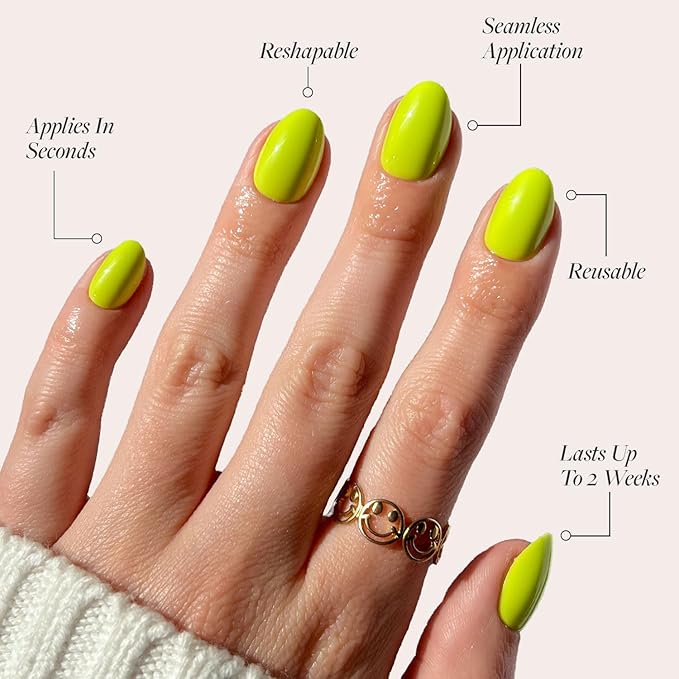Glamnetic Press On Nails - Lime Green | Opaque Bright Neon Green Short Oval Fake Nails, Salon Quality | 15 Sizes - 30 Nail Kit