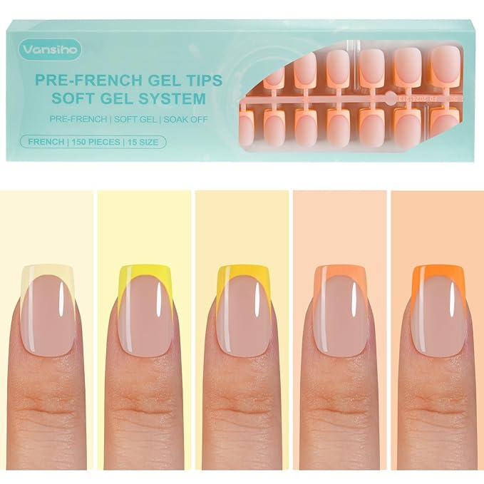 150Pcs French Gel Nail Tips, Vansiho Short Square Nail Tips, Yellow Pre-French Tips Press on Nails, Soak Off Soft Gel Acrylic Fake Nails for Nail Art DIY 15 Sizes