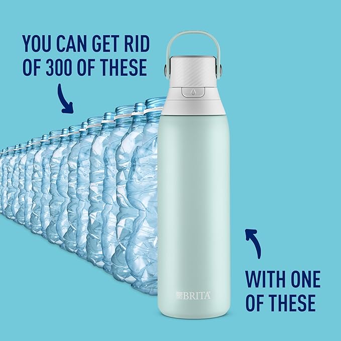 Brita Stainless Steel Premium Filtering Water Bottle, BPA-Free, Reusable, Insulated, Replaces 300 Plastic Water Bottles, Filter Lasts 2 Months or 40 Gallons, Includes 1 Filter, Glacier - 20 oz.