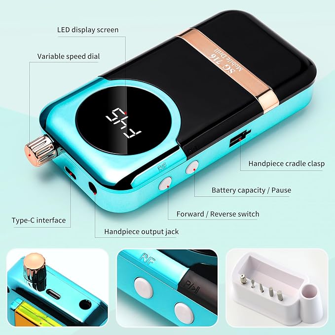 LIMEGIRL Professional Electric Nail Drill Kit 45000RPM Portable Cordless Toenail Cordless Toenail Machine with 14 Drill Bits and Base for Women (Green)