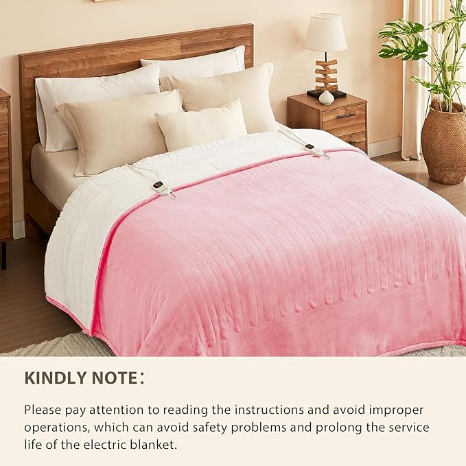 Homemate Electric Heated Blanket King - 100"x90" Heating Bed Blankets Throw with 10 Heating Levels 8 Hours Auto Off Fast Heating Over-Heated Protection Ultra Soft Warm Flannel ETL Certified Pink