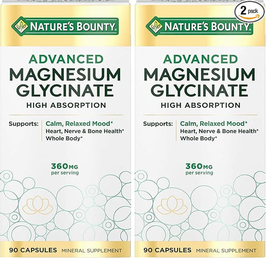 Nature's Bounty Calm Magnesium Glycinate Supplement - High Absorption Magnesium for Relaxed Mood, Heart & Bone Health, 90 Capsules (Pack of 2)