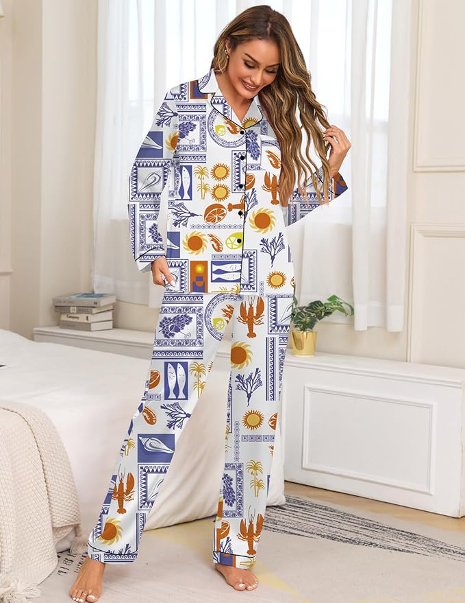 Veseacky Womens Satin Pajama Set Silk Pjs Button Down Long Sleeve Sleepwear Loungewear Sleepwear 2 Piece Pjs Set S-XXL