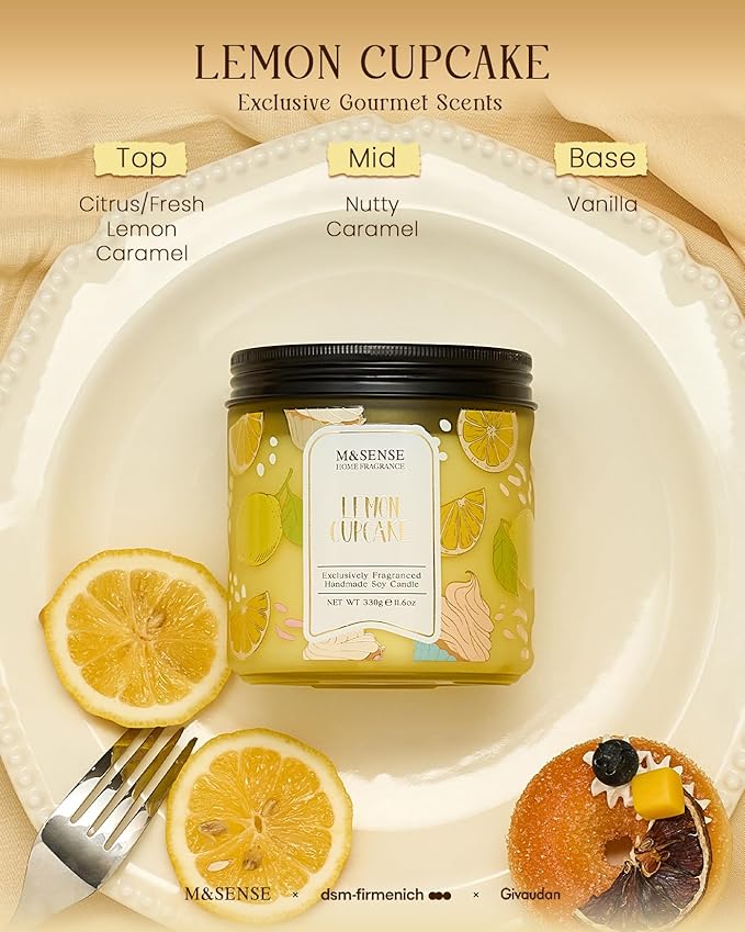 M&SENSE Lemon Cupcake Scented Candle, 11.6oz Natural Soy Wax, 70 Hours Long Lasting Clean Burn, Zesty Citrus Vanilla Aroma for Kitchen Freshness, Holiday Gifts Home Decor